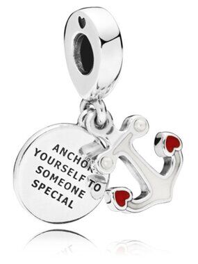 PANDORA Anchor of Love Dangle Charm Authentic Silver Red Enamel Engraving Pearls